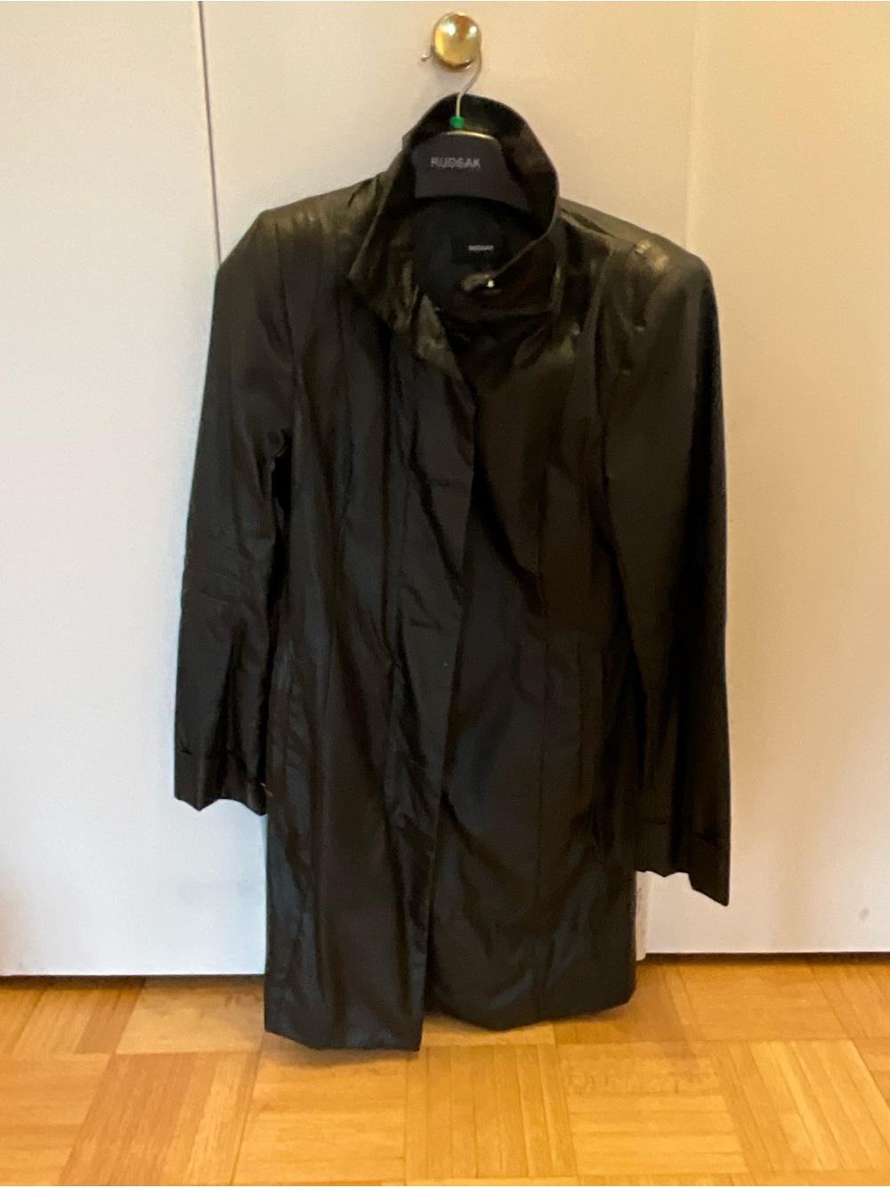 RUDSAK Black Faux Leather Trench Coat Rain Coat Medium with Garment Bag